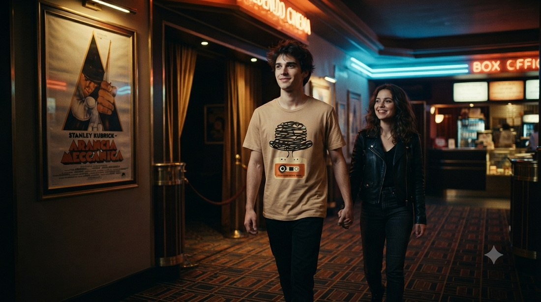 Couple walking through a cinema lobby, with the man wearing a tan T-shirt featuring a bowler hat and cassette graphic.