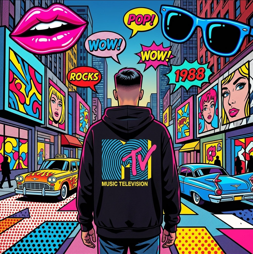 Pop art illustration of a person wearing a black MTV hoodie in a colourful city street filled with comic speech bubbles, retro cars and billboards.