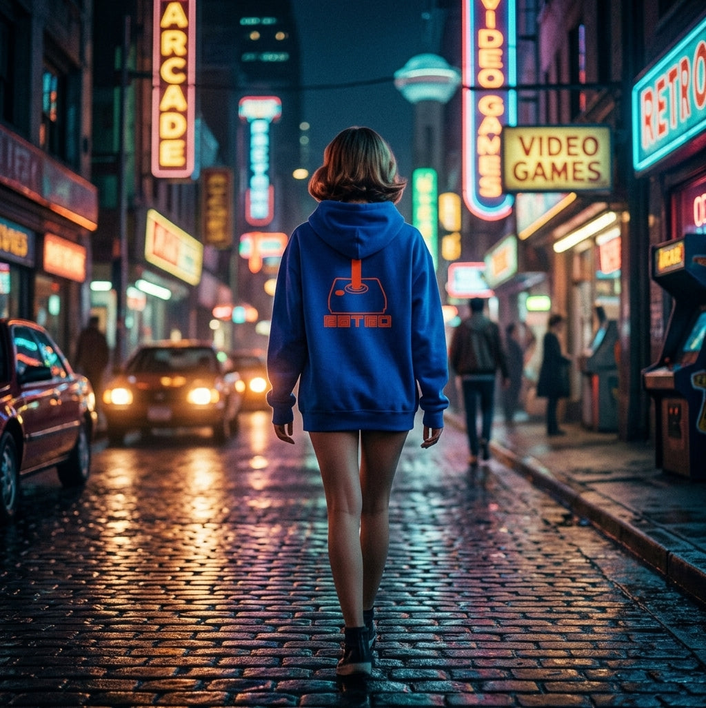 Person viewed from behind wearing a blue hoodie with a retro joystick graphic, walking along a wet city street lit by neon arcade signs.