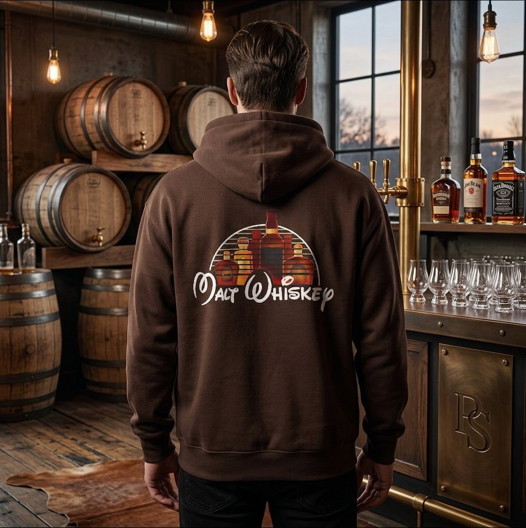 Person viewed from behind wearing a brown Malt Whiskey hoodie with a bottle graphic, standing in a bar with wooden barrels and whisky glasses.