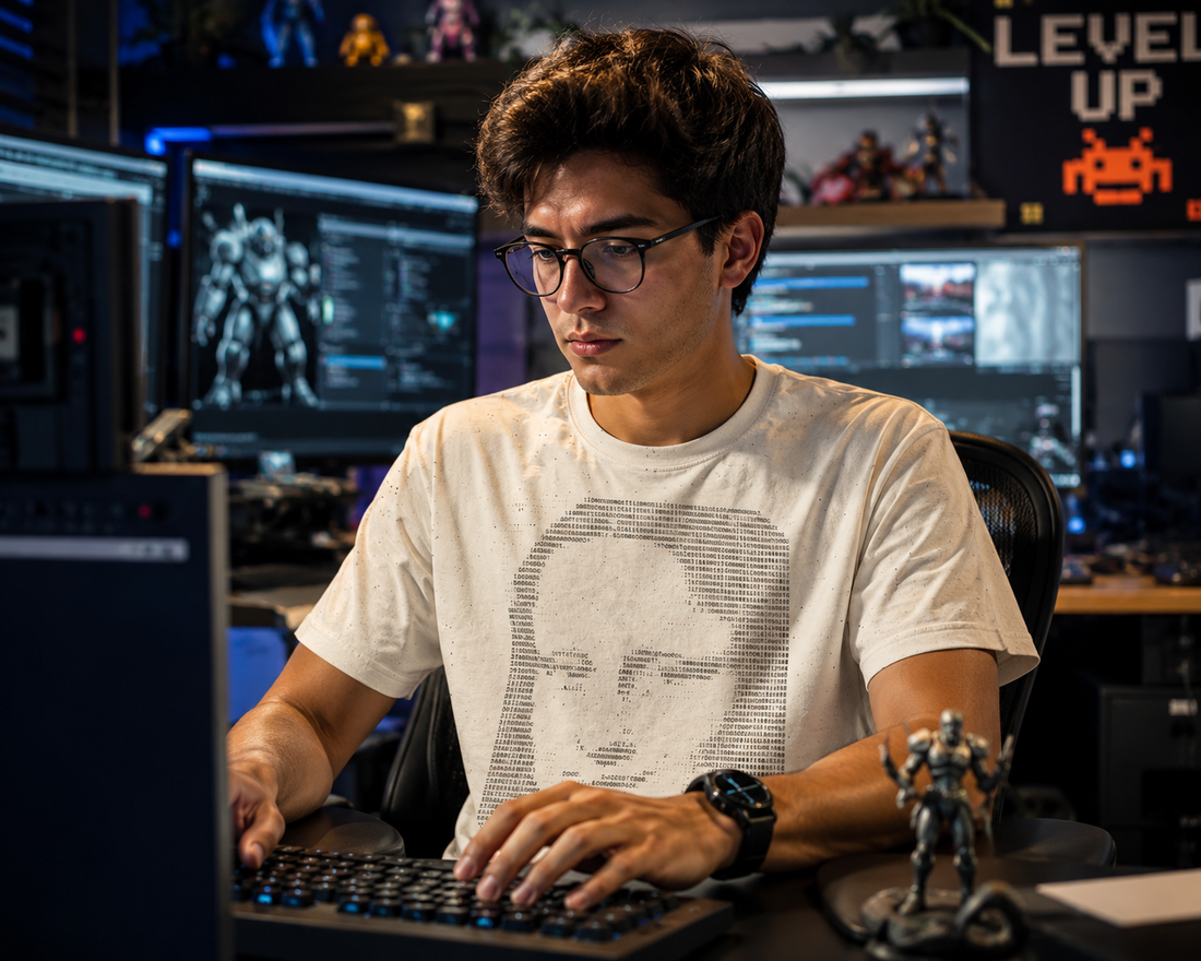 Person wearing a white T-shirt with a Mona Lisa portrait formed from text characters, typing at a computer workstation surrounded by monitors.