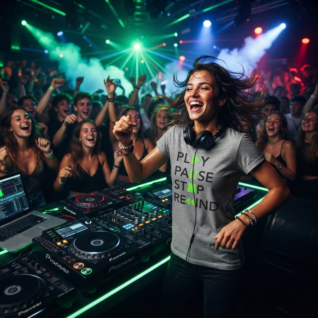 Woman wearing a grey Play Pause Stop Rewind T-shirt and headphones at a DJ booth surrounded by a dancing crowd and colourful lights.