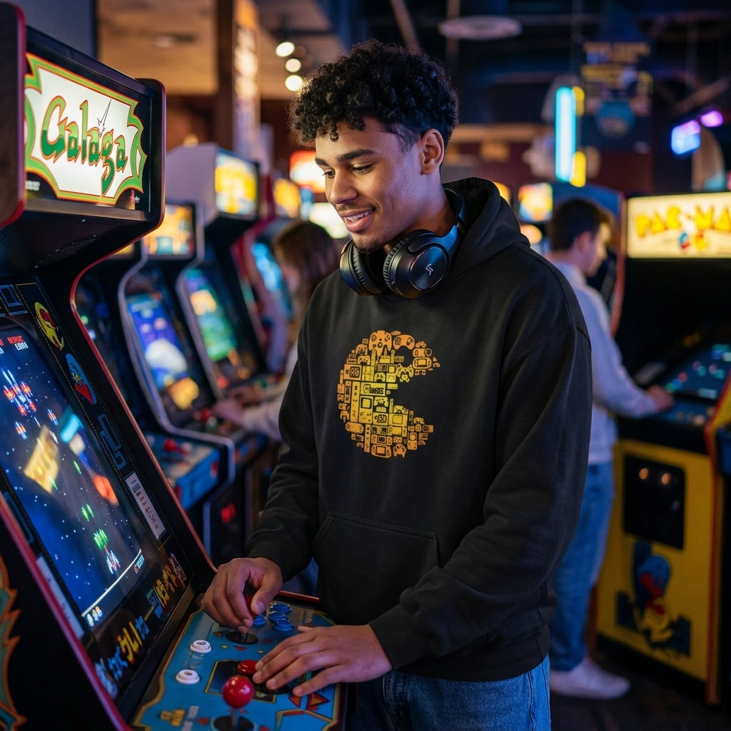 Person wearing a black hoodie with a yellow Pac-Man graphic and headphones around their neck, playing an arcade machine in a retro gaming hall.