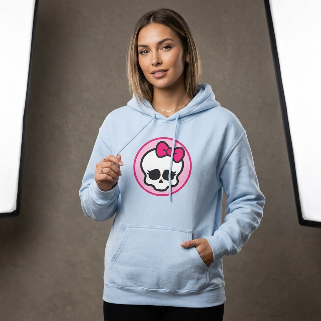 Woman wearing a light blue Pink Skull Bow Hoodie with a white skull, bright pink bow and circular pink border.
