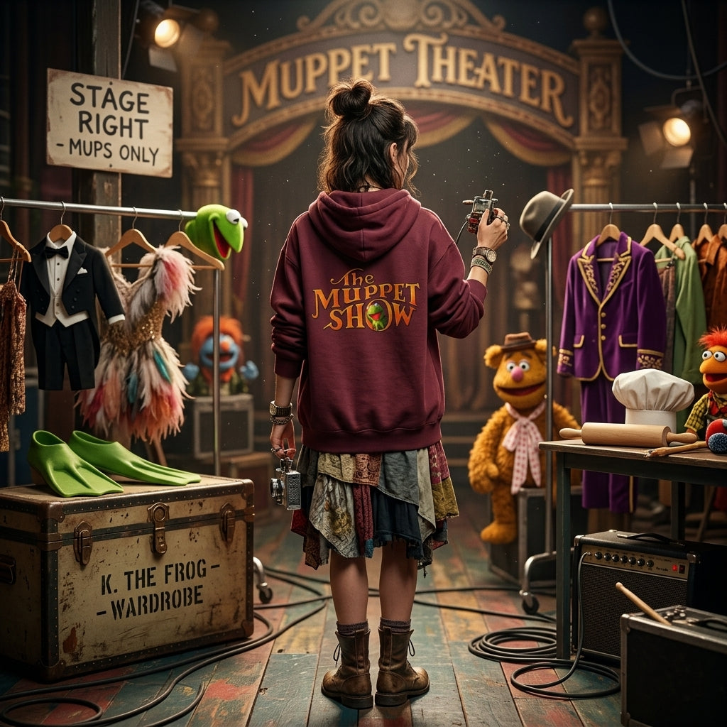 Person viewed from behind wearing a burgundy The Muppet Show hoodie backstage in a theatre, surrounded by costumes, puppets and stage equipment.