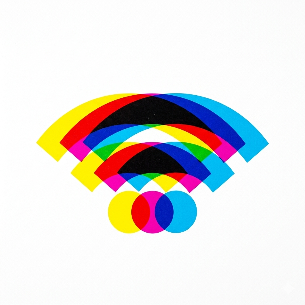Overlapping cyan, magenta and yellow Wi-Fi symbols on a white background.