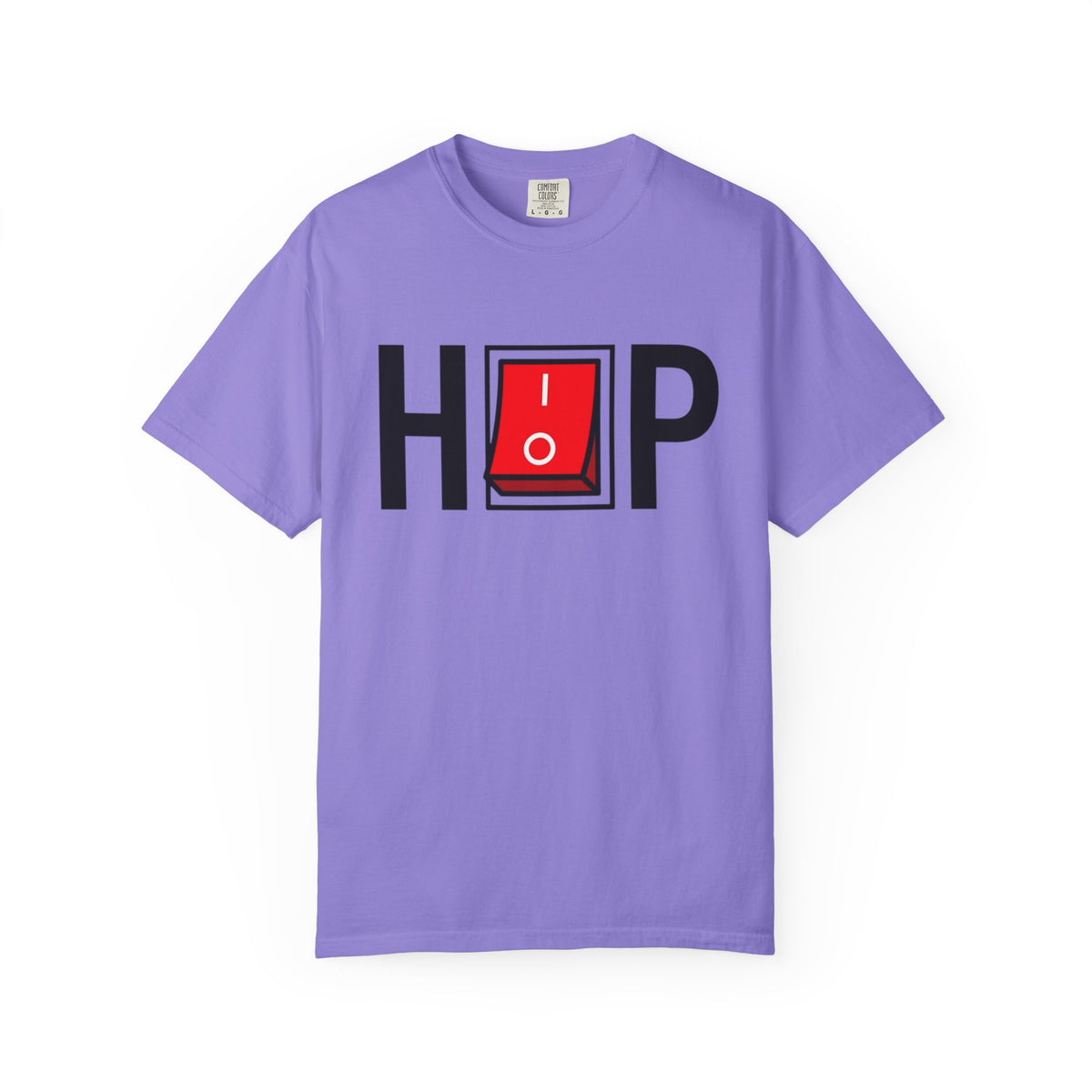 Hip Hop Switch T-Shirt in Violet with black lettering and a red power switch.
