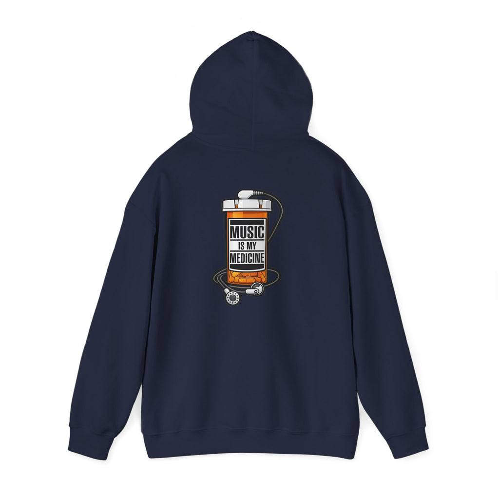 Music Is My Medicine Hoodie – retro pill bottle graphic sweatshirt.