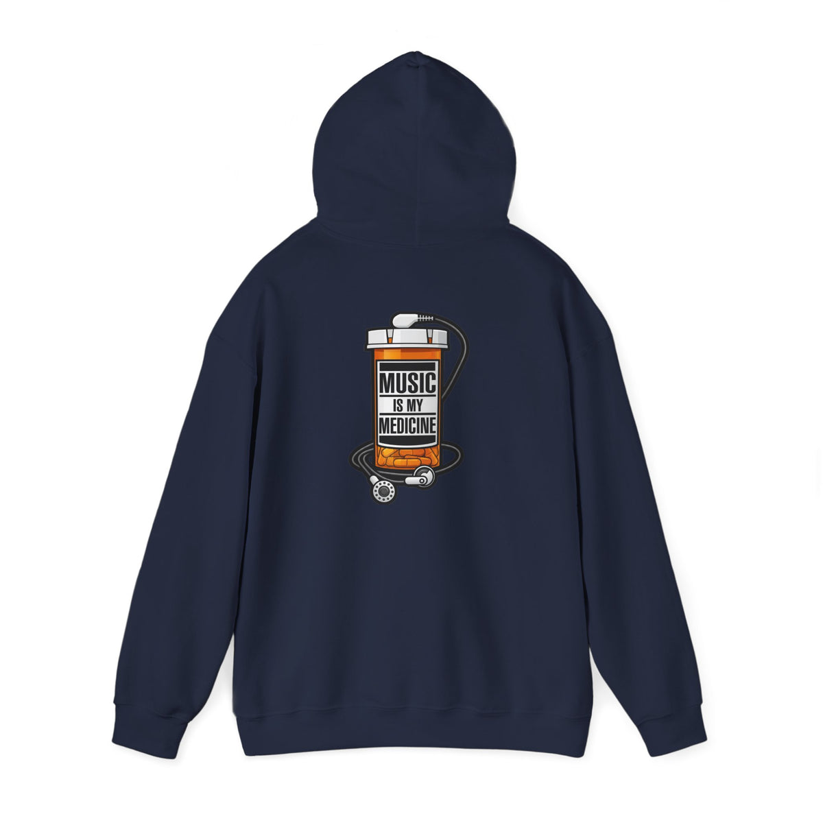Music Is My Medicine Hoodie – retro pill bottle graphic sweatshirt.