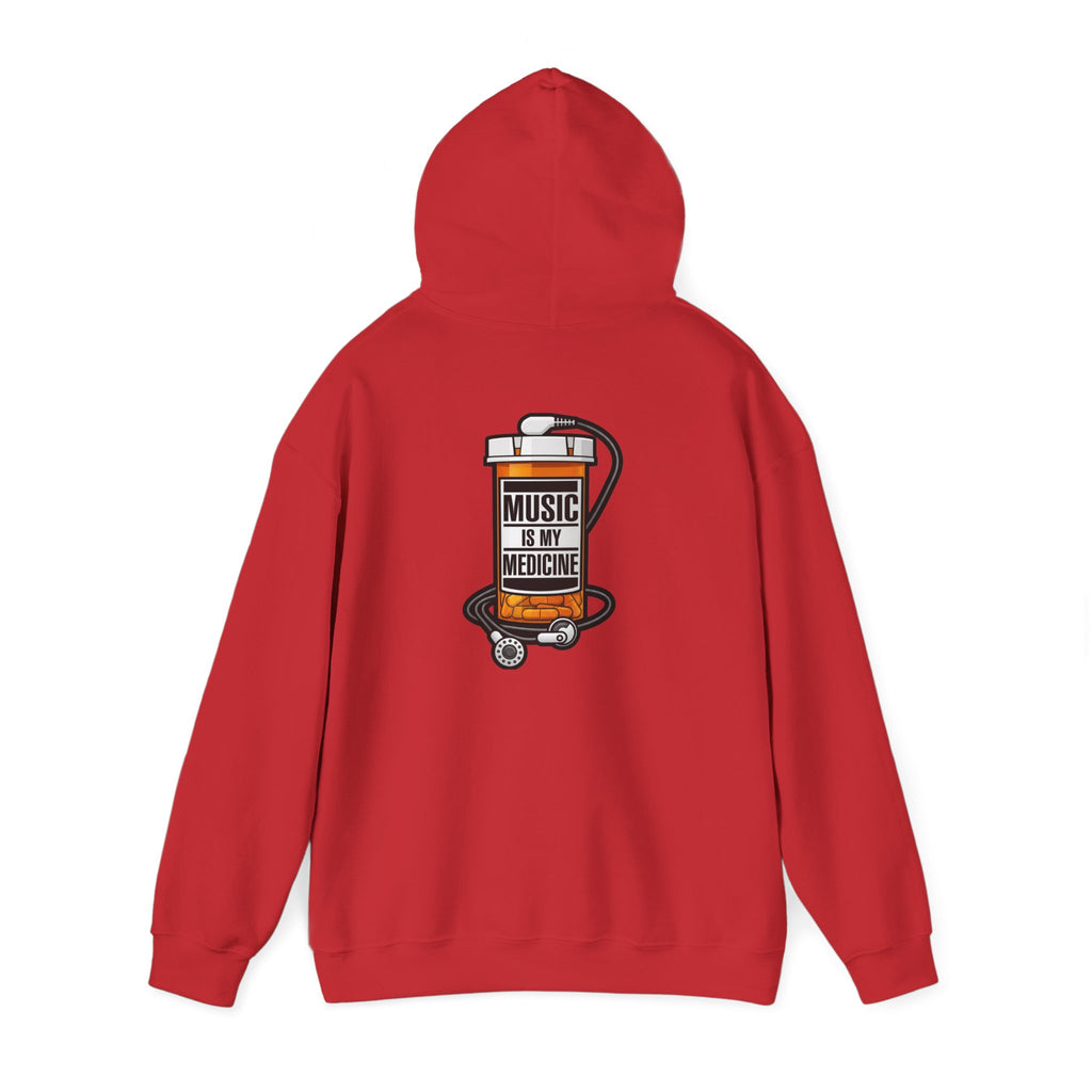 Music Is My Medicine Hoodie – retro pill bottle graphic sweatshirt.