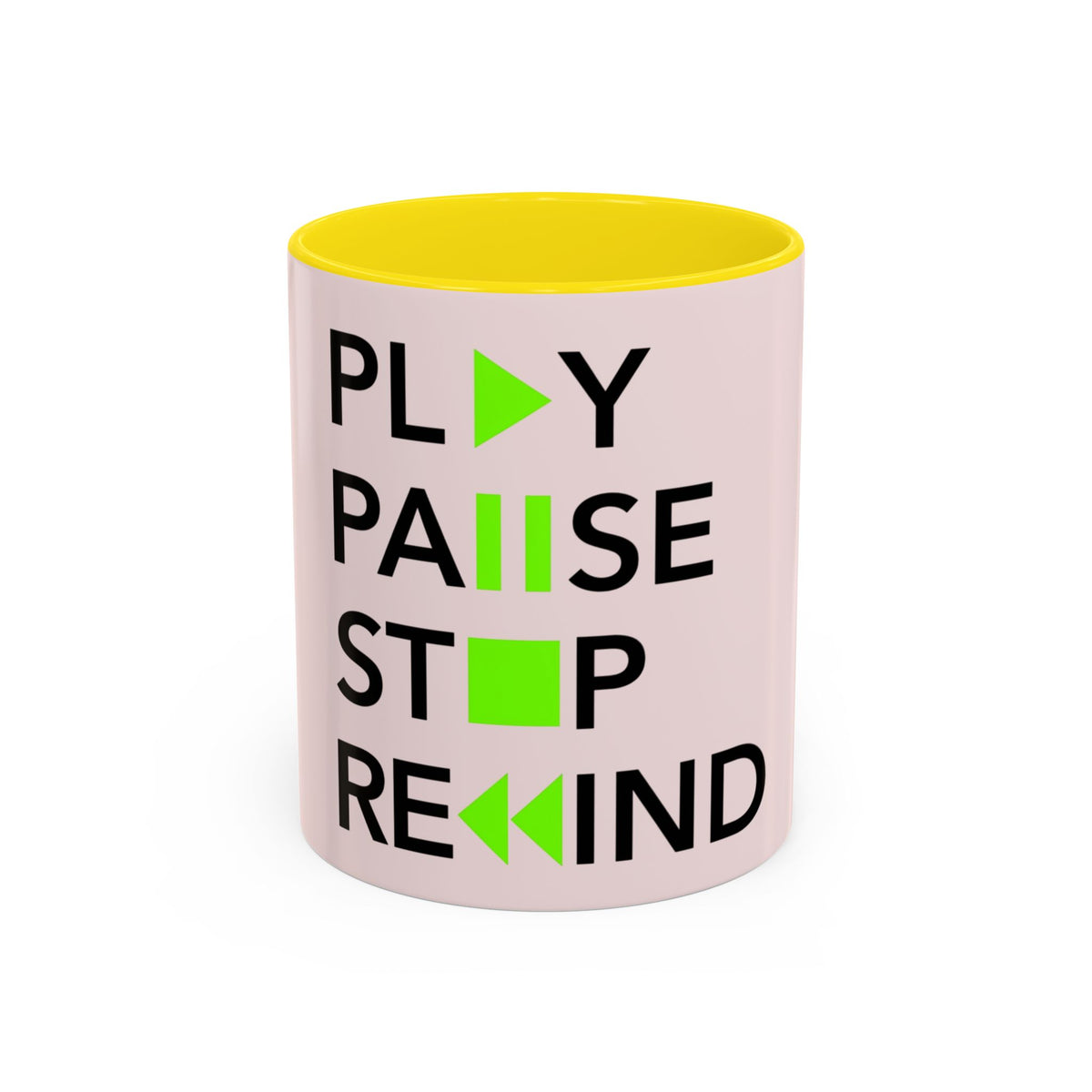 Play Pause Stop Rewind Mug in Yellow – play pause stop rewind music mug