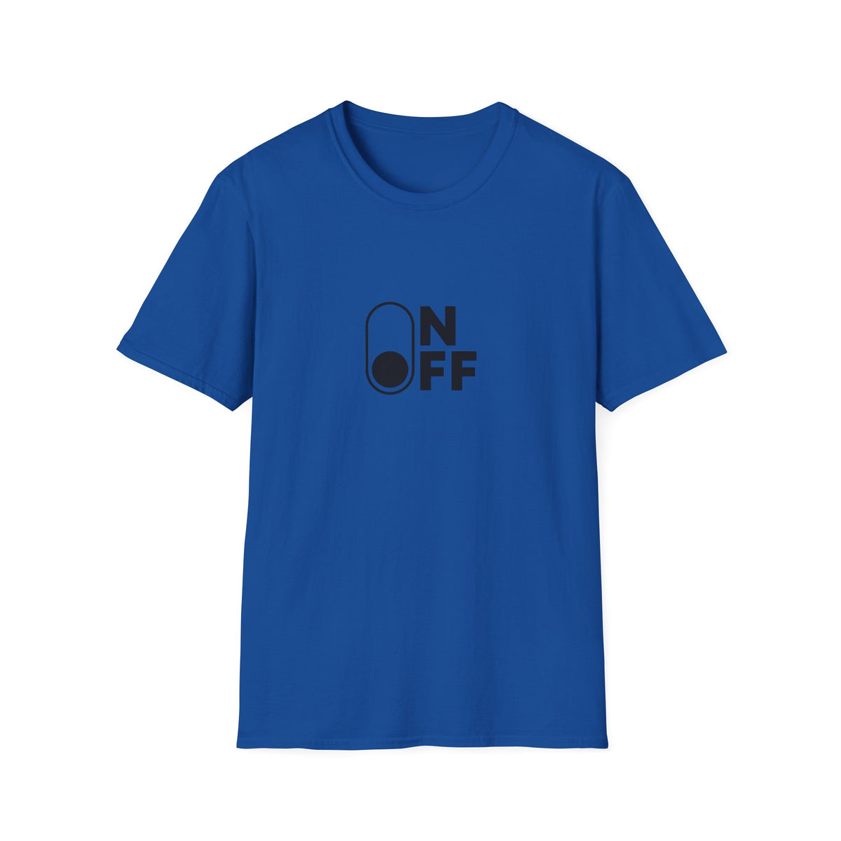 Royal blue On/Off T-shirt with black minimalist toggle switch graphic, front view.