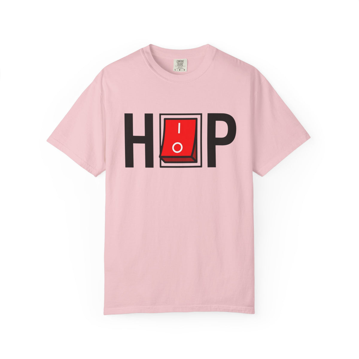 Hip Hop Switch T-Shirt in Blossom with black lettering and a red power switch.