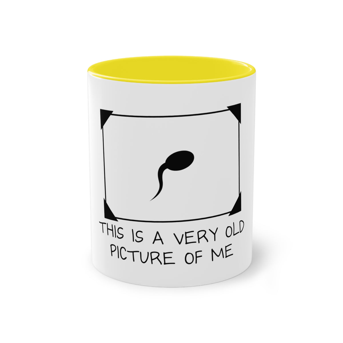 'This Is a Very Old Picture of Me' Mug in Yellow – funny sperm drawing novelty mug