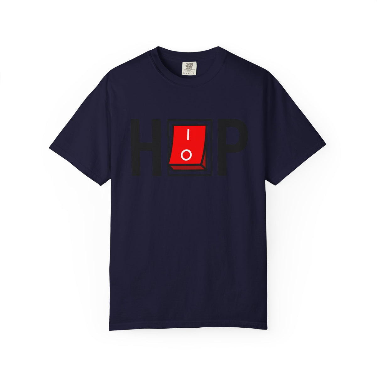 Hip Hop Switch T-Shirt in True Navy with black lettering and a red power switch.