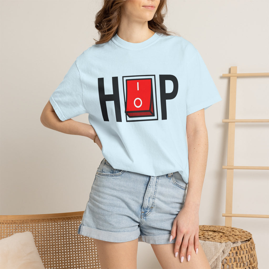 Model wearing a light blue Hip Hop Switch T-Shirt with denim shorts.