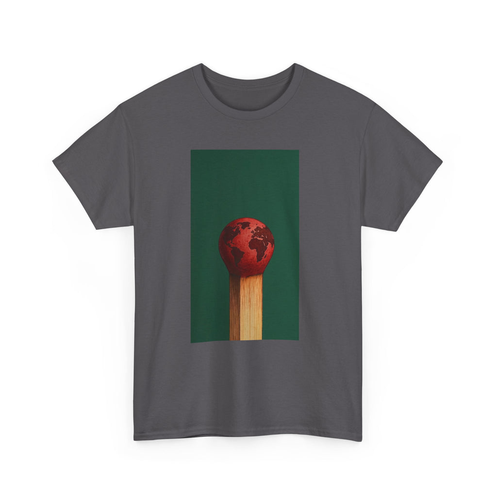 Matchstick Earth T-Shirt in Charcoal with a red globe and matchstick graphic.
