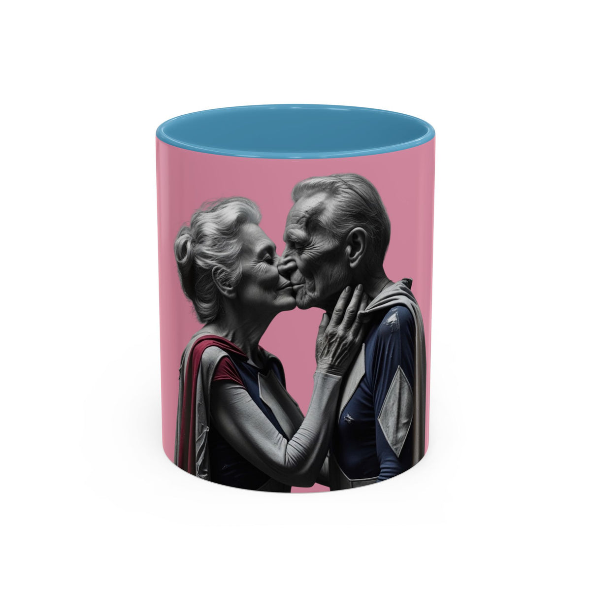 Elderly Superhero Couple Mug in Light Blue – elderly superhero couple kiss pop art mug