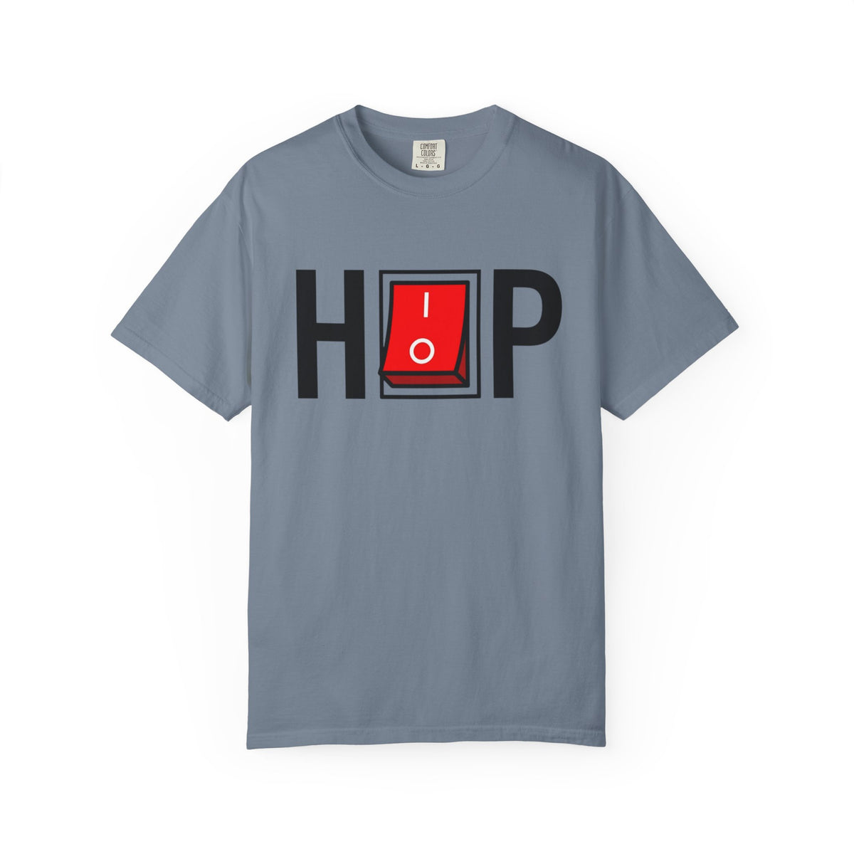 Hip Hop Switch T-Shirt in Blue Jean with black lettering and a red power switch.