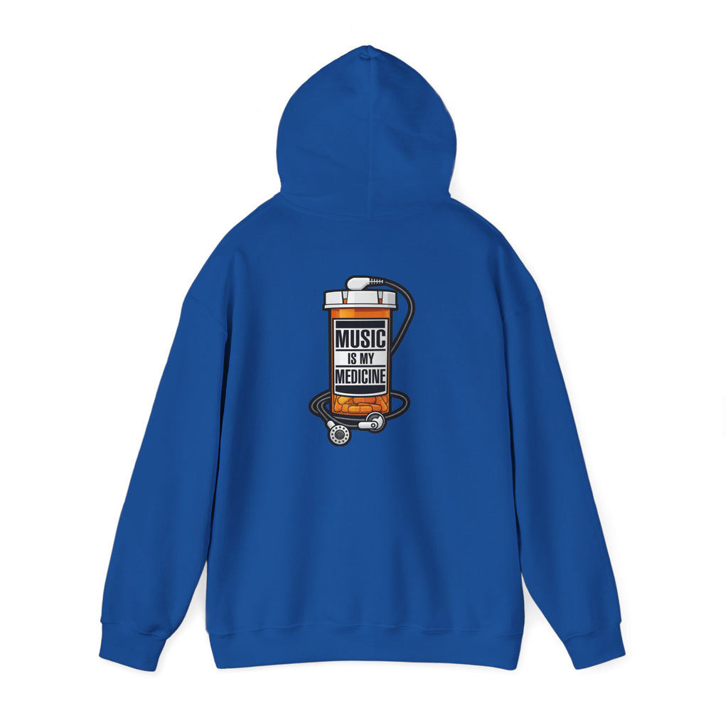 Music Is My Medicine Hoodie – retro pill bottle graphic sweatshirt.