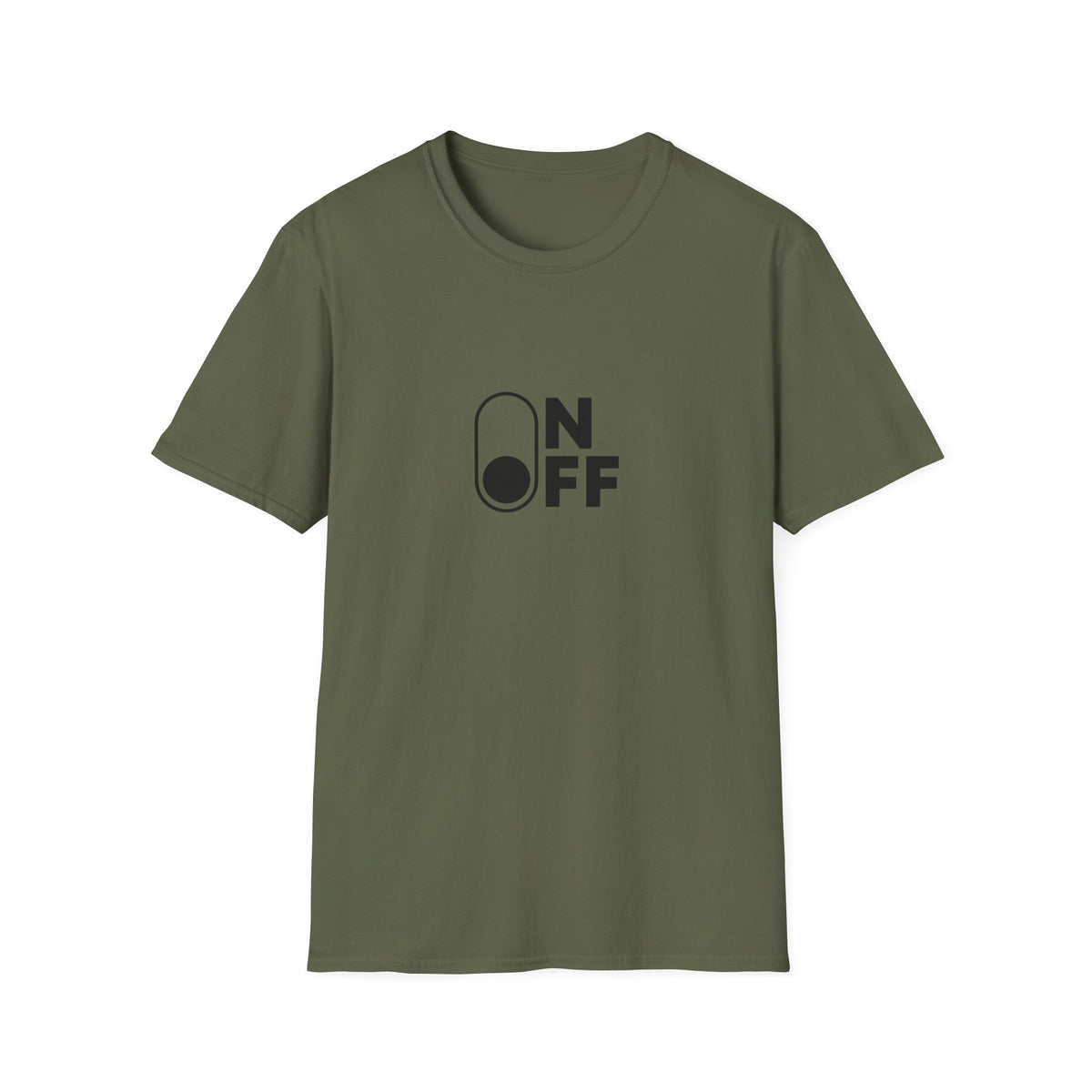 Military green On/Off T-shirt with black minimalist toggle switch graphic, front view.