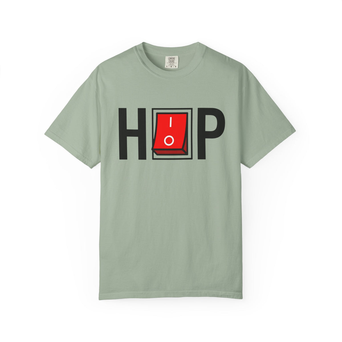 Hip Hop Switch T-Shirt in Bay with black lettering and a red power switch.