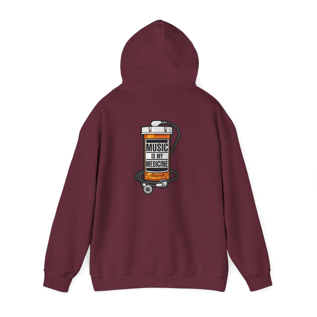 Music Is My Medicine Hoodie – retro pill bottle graphic sweatshirt.