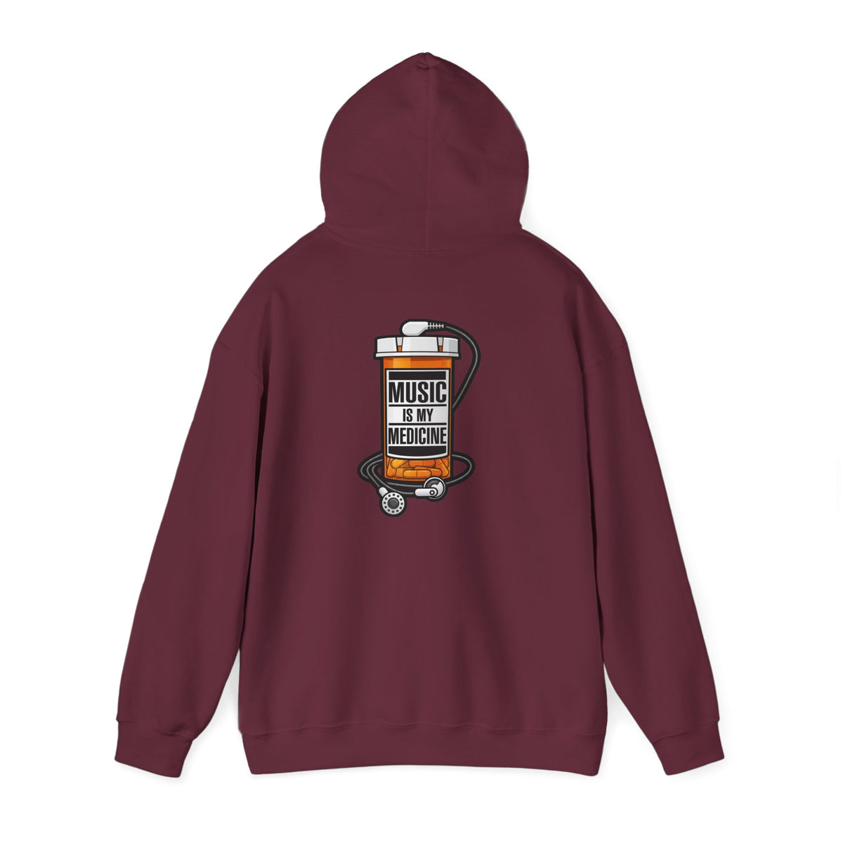 Music Is My Medicine Hoodie – retro pill bottle graphic sweatshirt.