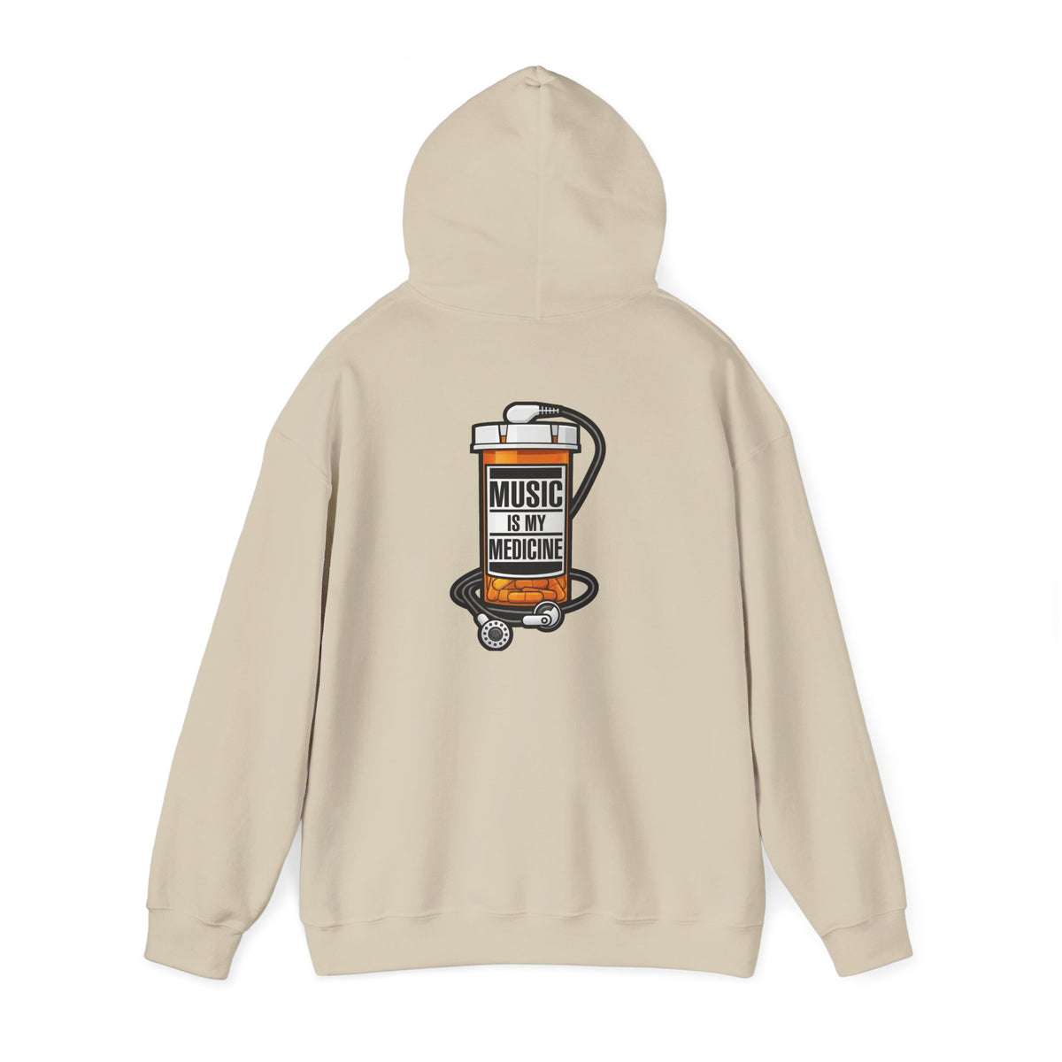 Music Is My Medicine Hoodie – retro pill bottle graphic sweatshirt.