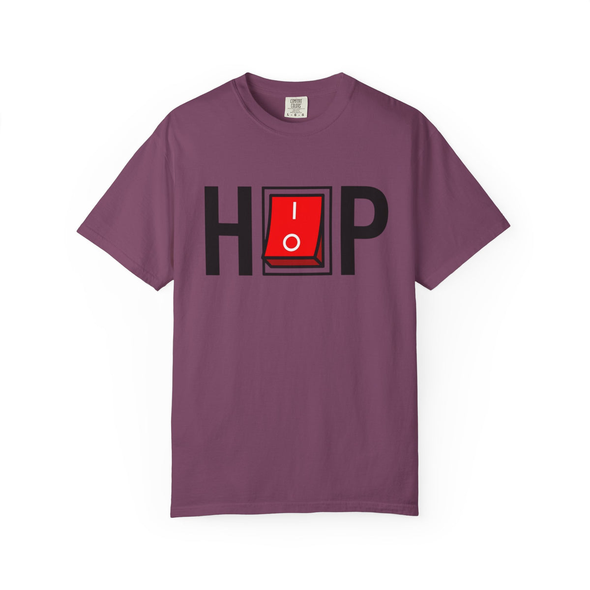 Hip Hop Switch T-Shirt in Berry with black lettering and a red power switch.