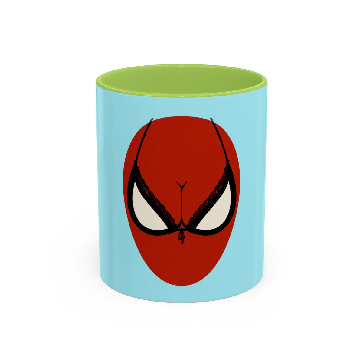 Spider Brassière Mug in Light Green – red superhero mask pop culture mug