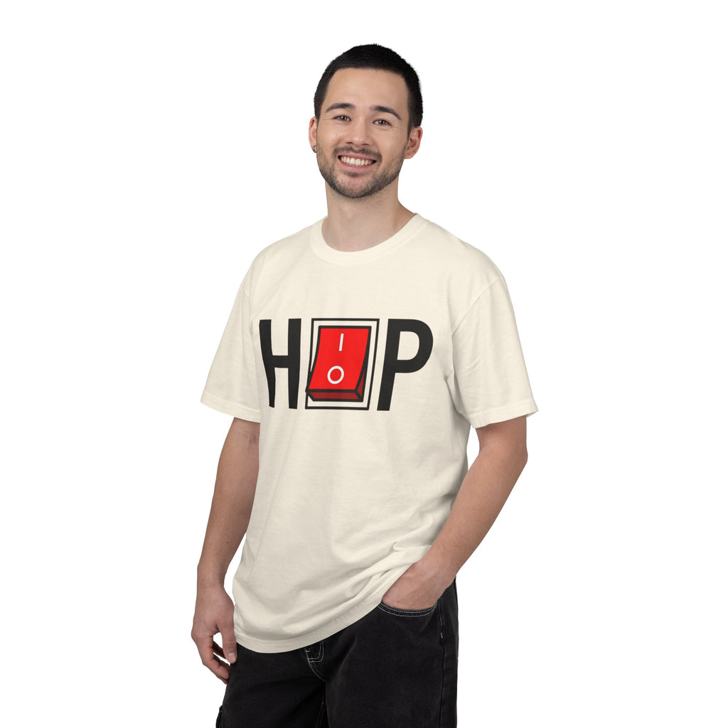 Model wearing a cream Hip Hop Switch T-Shirt with black lettering and a red power switch.