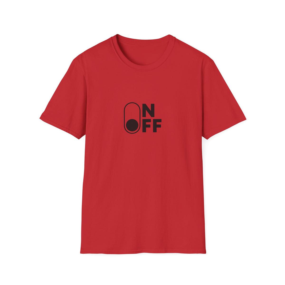 Red On/Off T-shirt with black minimalist toggle switch graphic, front view.