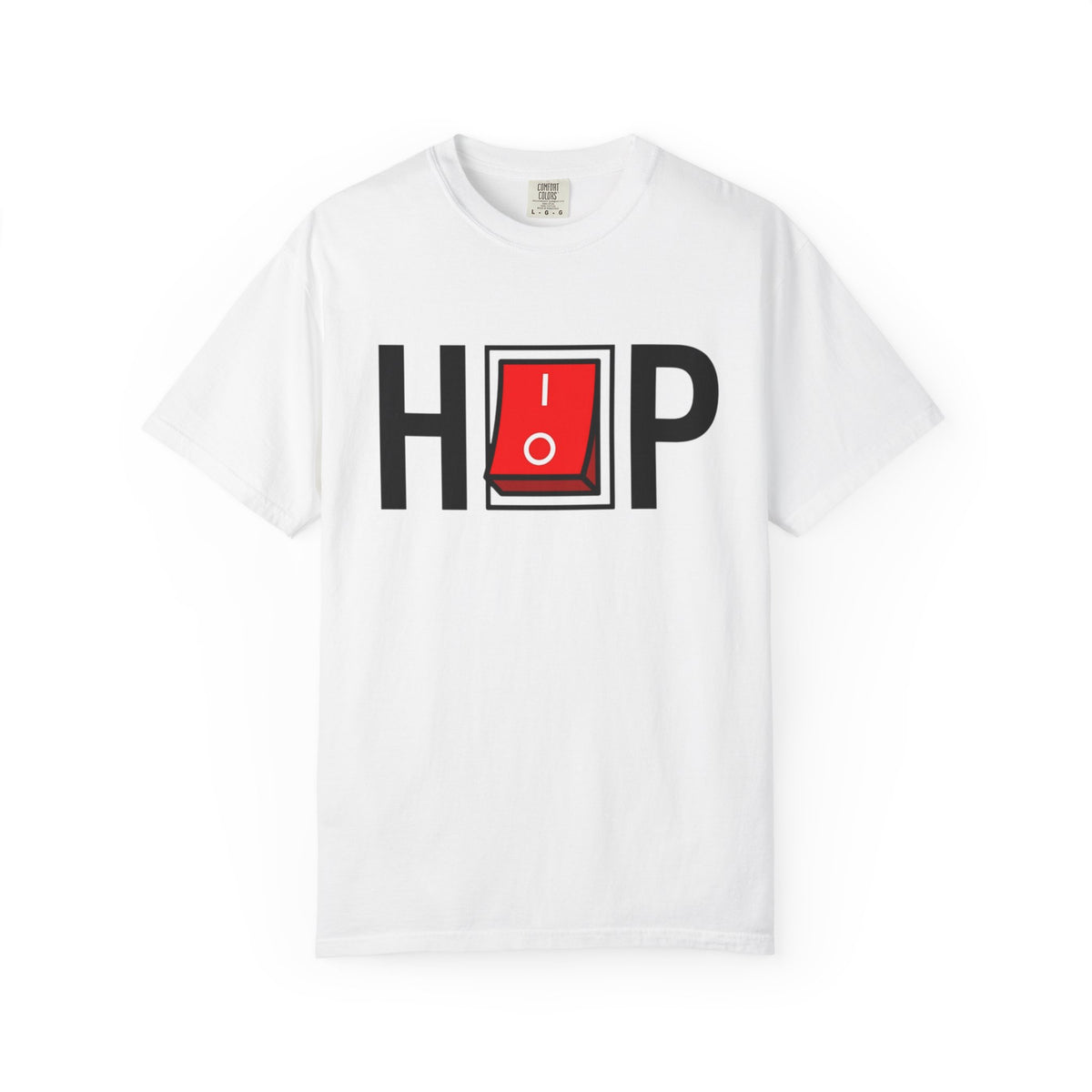 White Hip Hop Switch T-Shirt with black lettering and a red power switch.