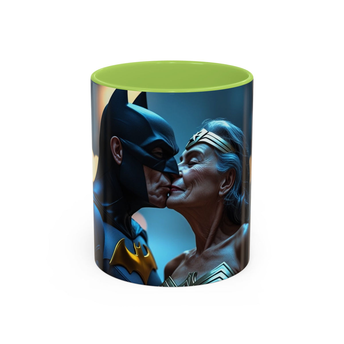Batman & Wonder Woman Kiss Mug in Light Green – Batman and Wonder Woman kiss superhero mug