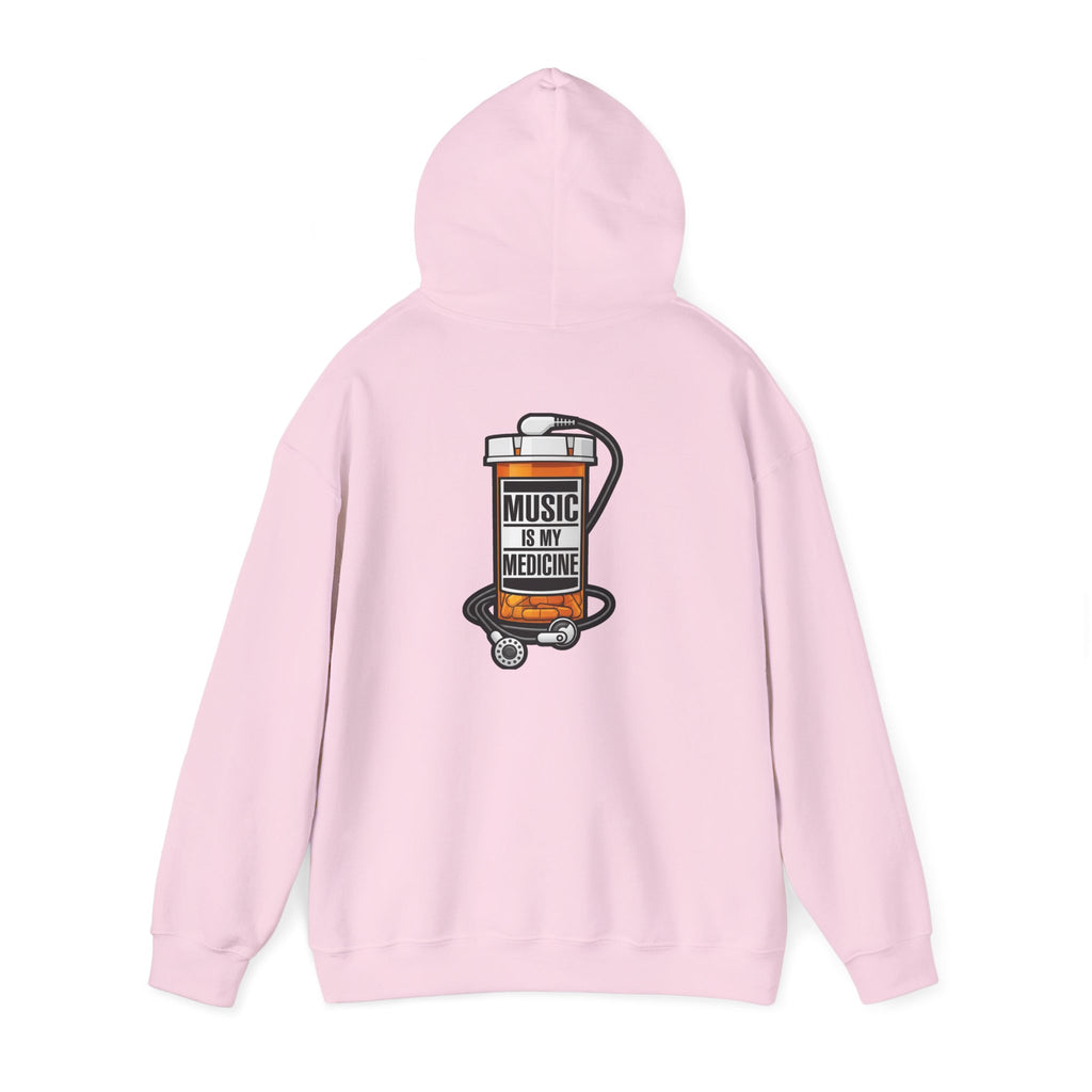 Music Is My Medicine Hoodie – retro pill bottle graphic sweatshirt.