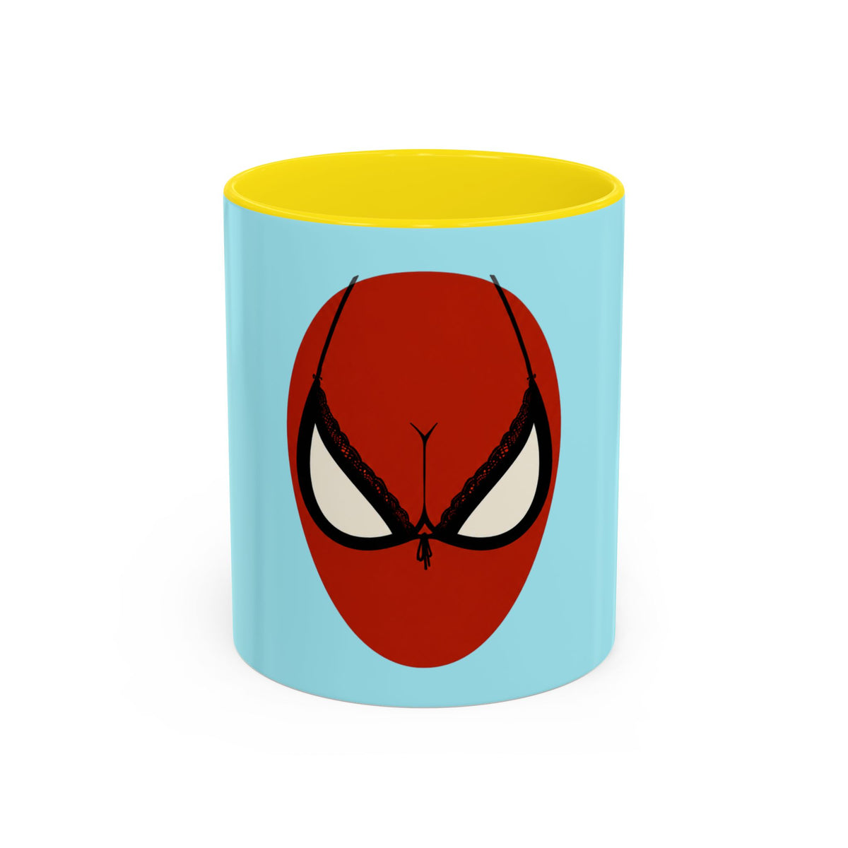Spider Brassière Mug in Yellow – red superhero mask pop culture mug