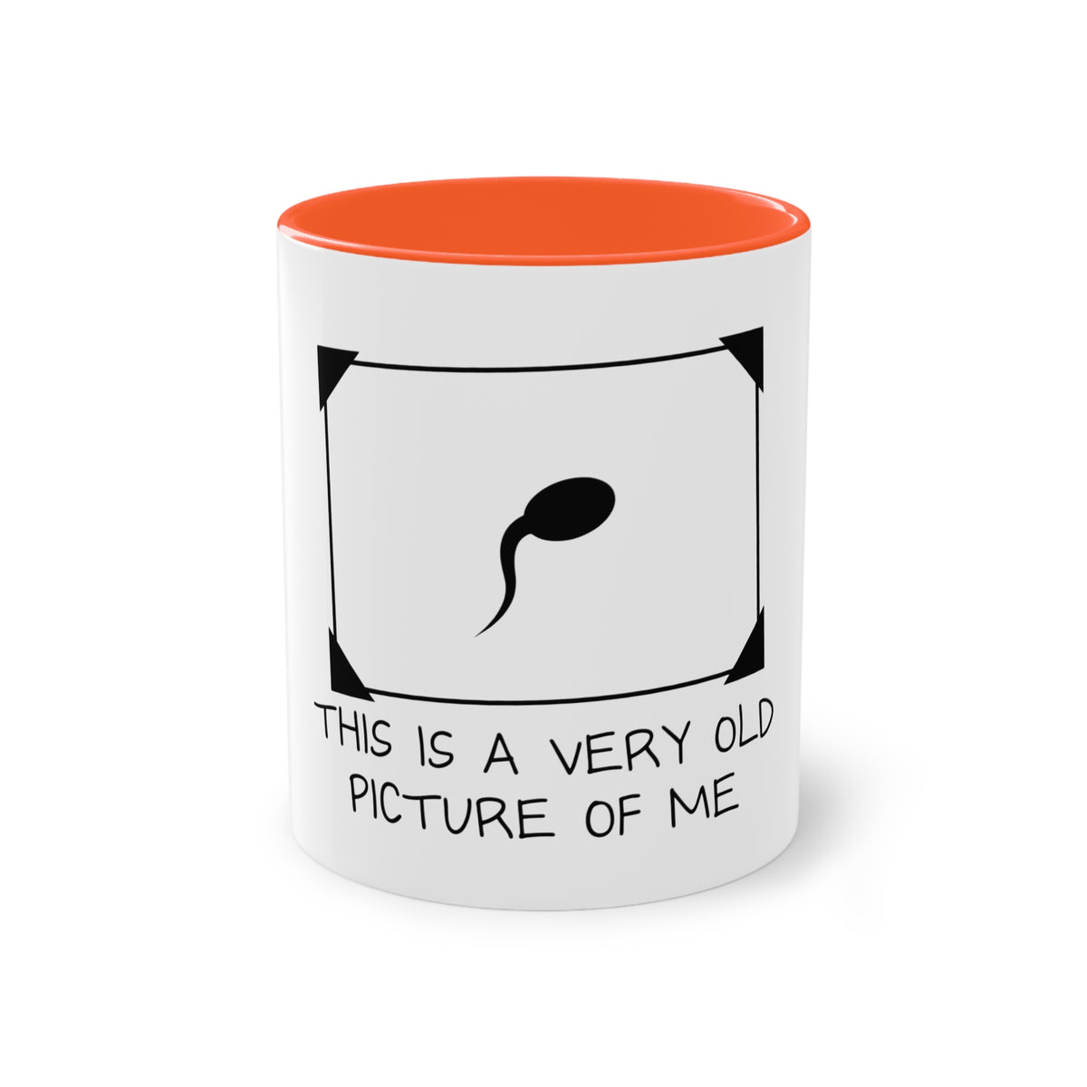 'This Is a Very Old Picture of Me' Mug in Orange – funny sperm drawing novelty mug