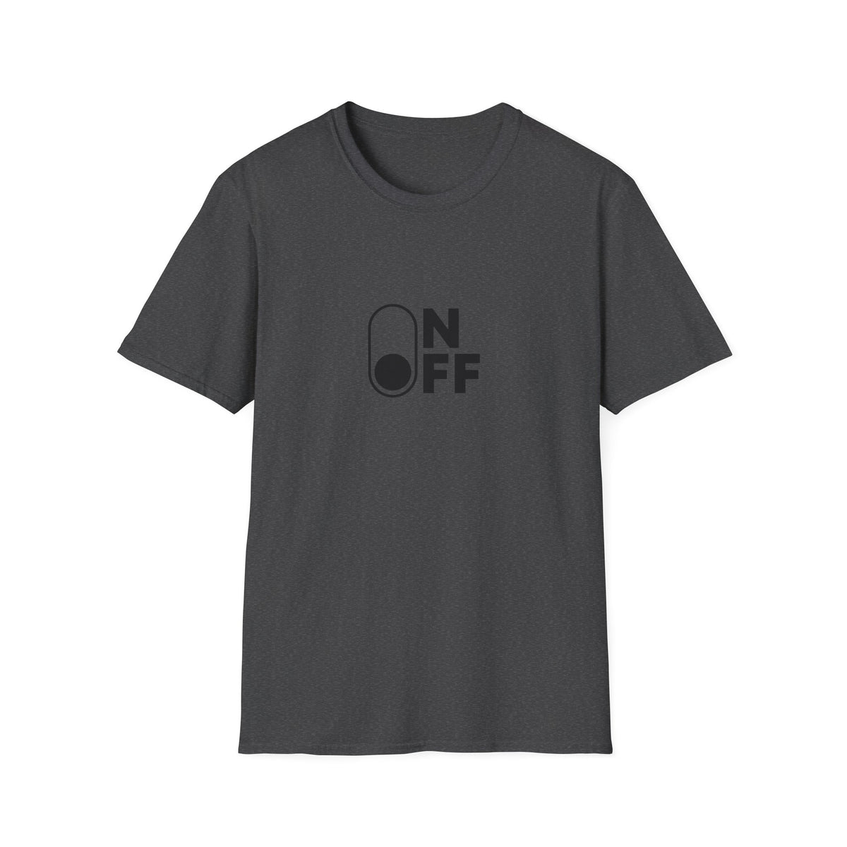 Dark heather On/Off T-shirt with black minimalist toggle switch graphic, front view.