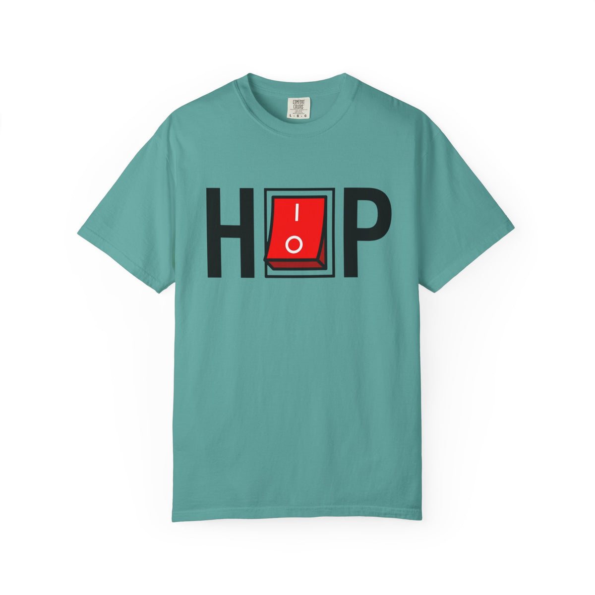 Hip Hop Switch T-Shirt in Seafoam with black lettering and a red power switch.