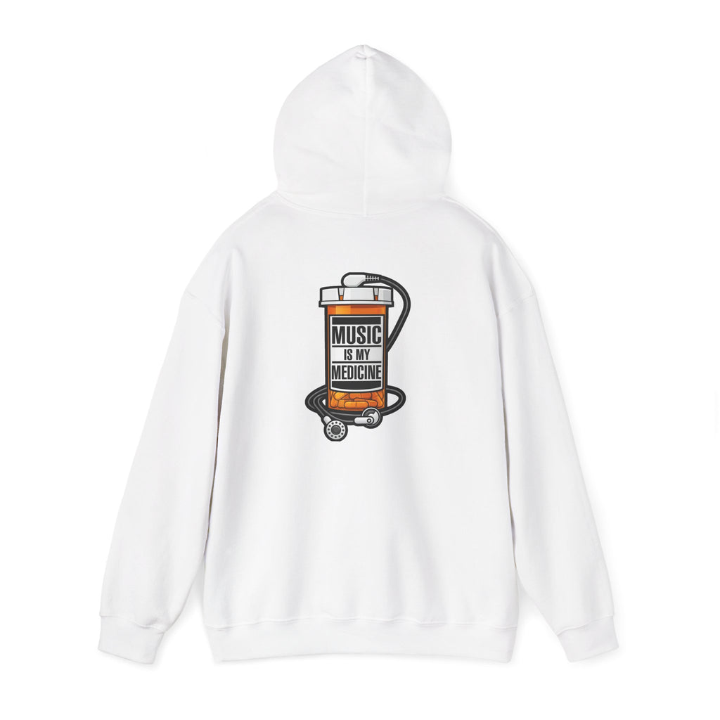 Music Is My Medicine Hoodie – retro pill bottle graphic sweatshirt.