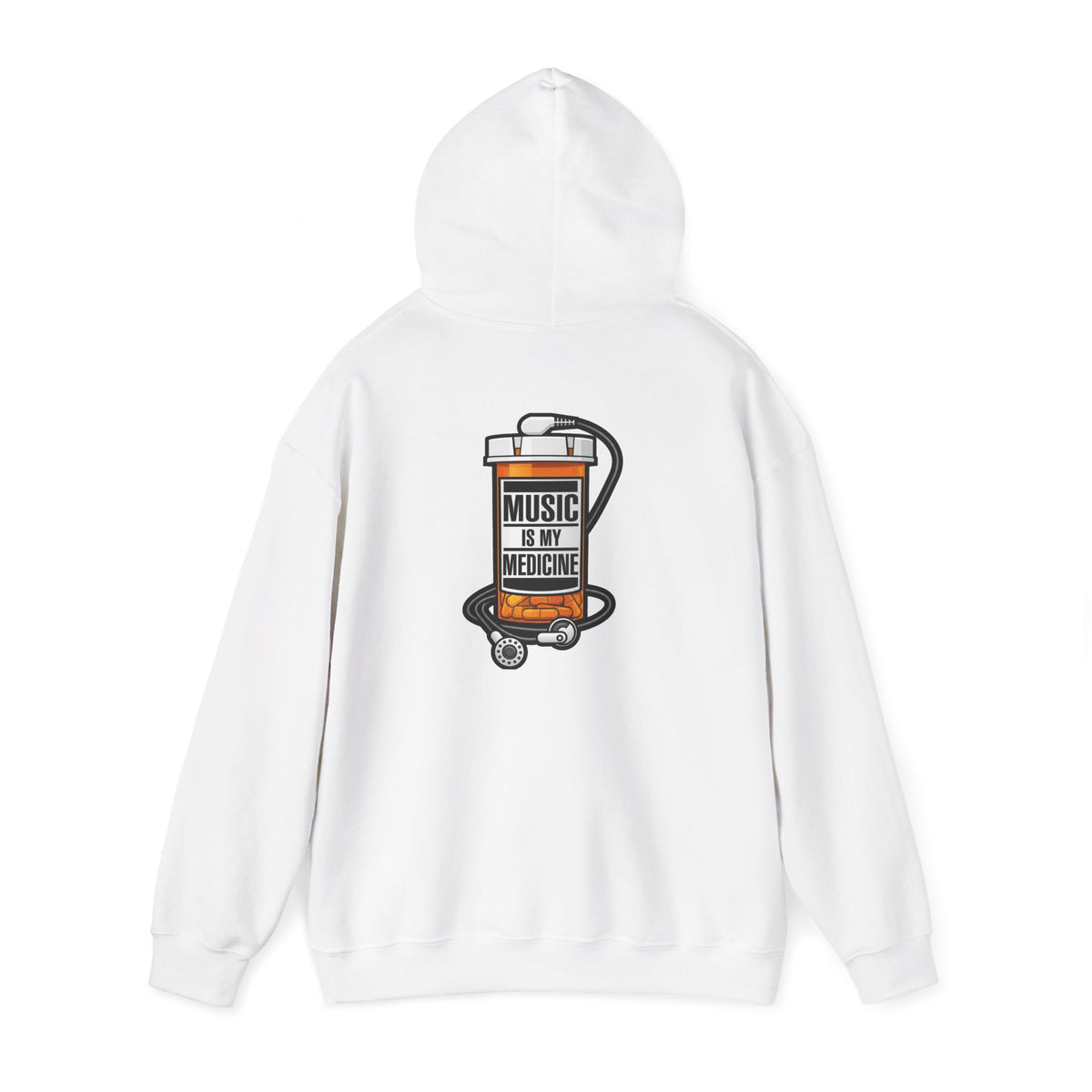 Music Is My Medicine Hoodie – retro pill bottle graphic sweatshirt.