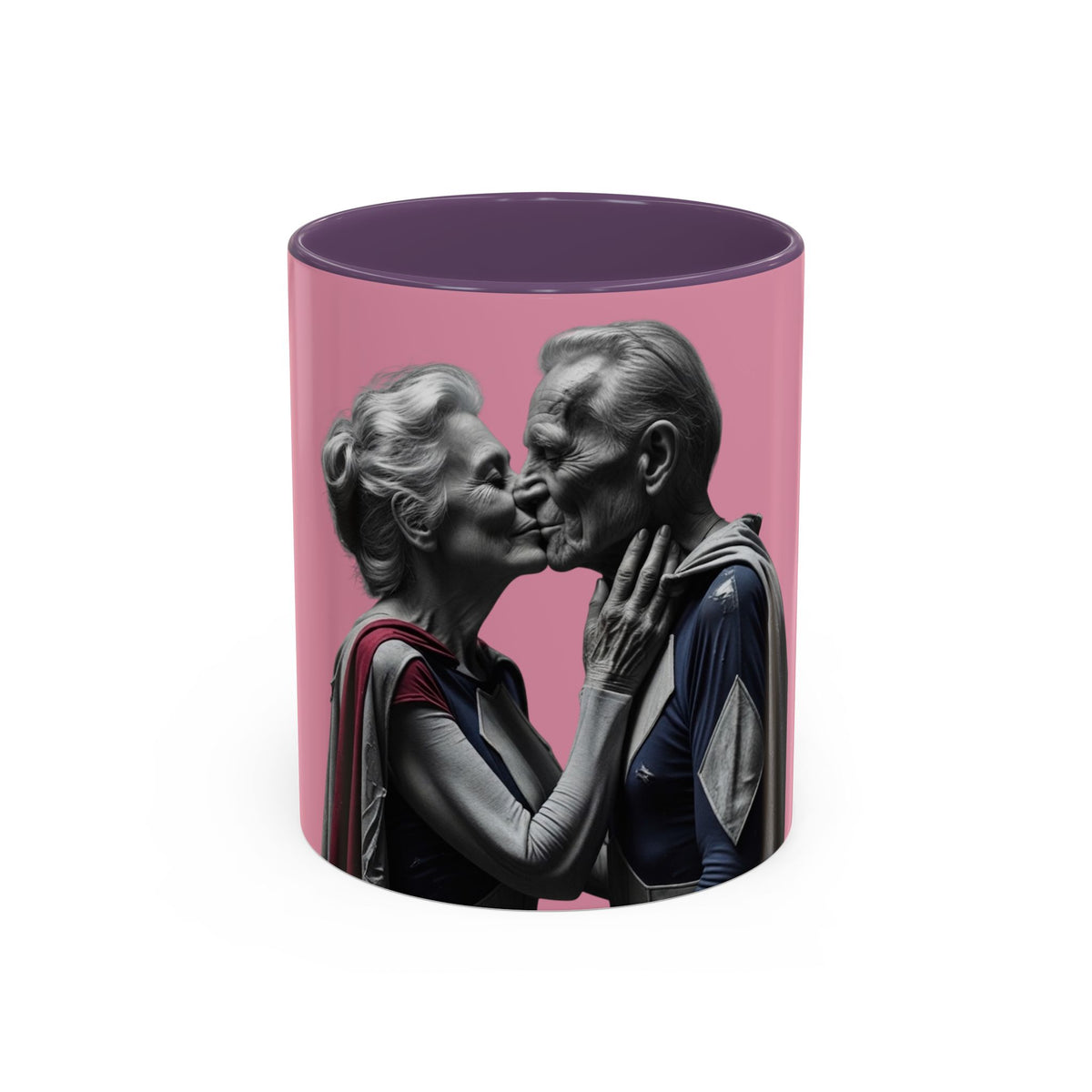 Elderly Superhero Couple Mug in Purple – elderly superhero couple kiss pop art mug