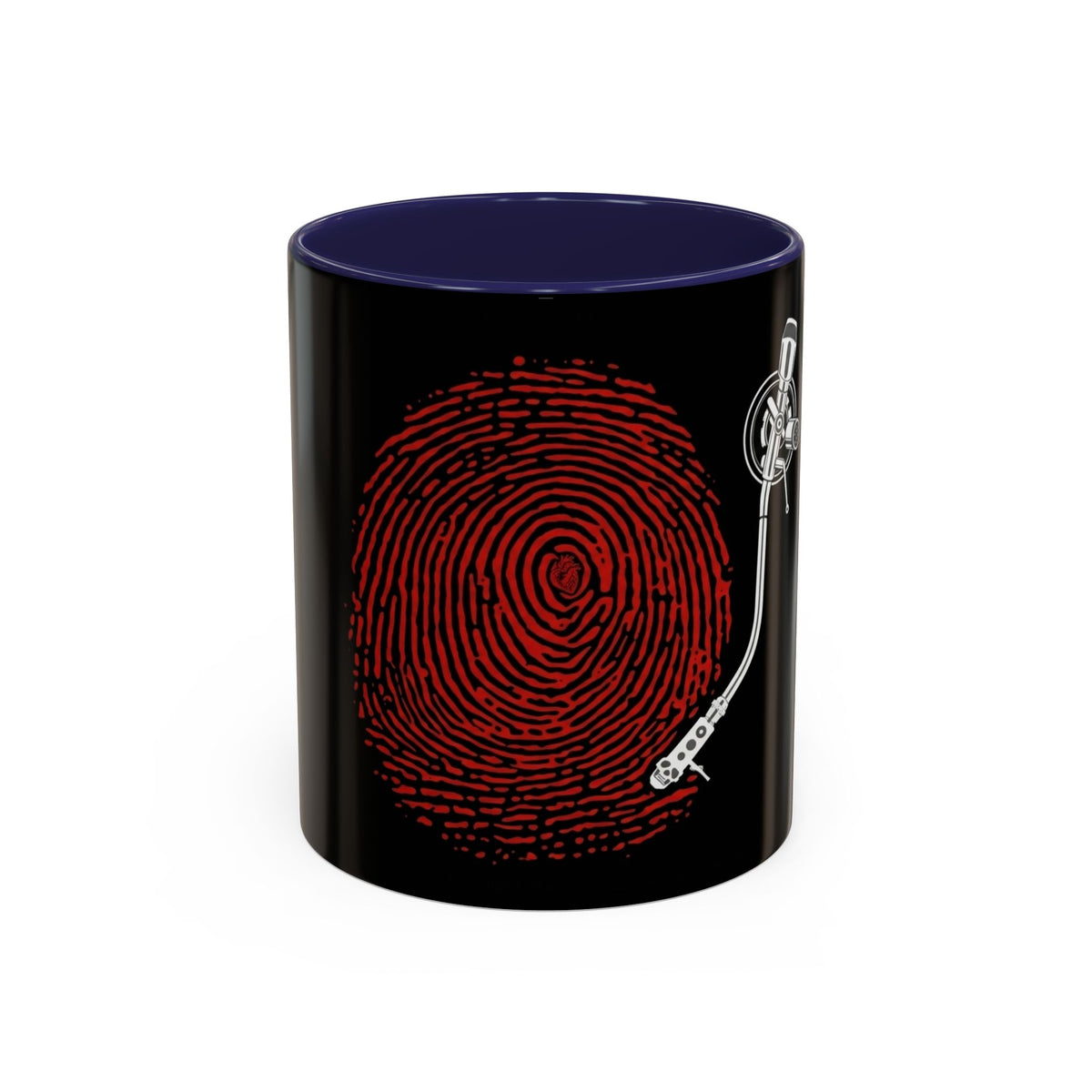 Red Vinile Mug in Navy – fingerprint turntable vinyl music art mug