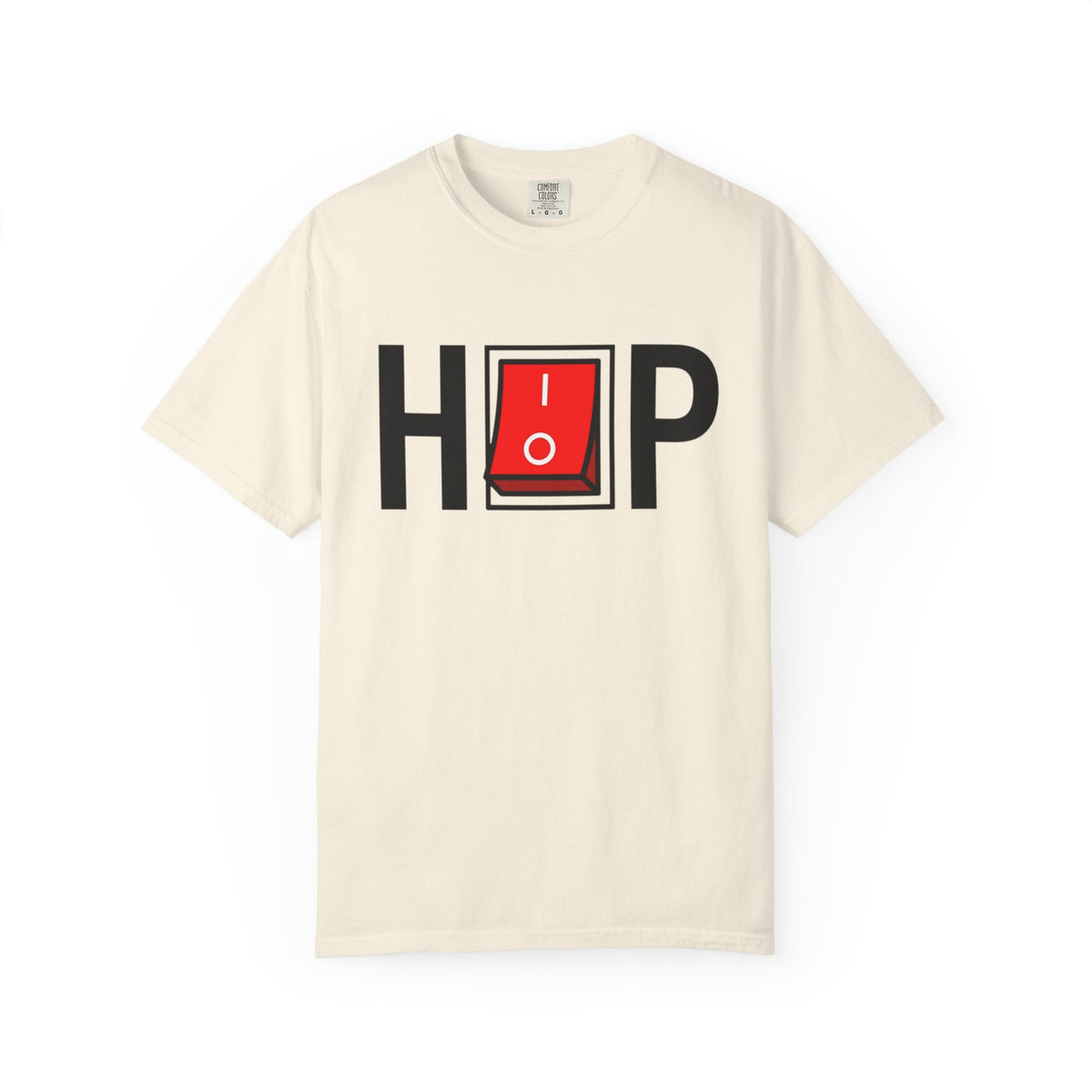 Hip Hop Switch T-Shirt in Ivory with black lettering and a red power switch.