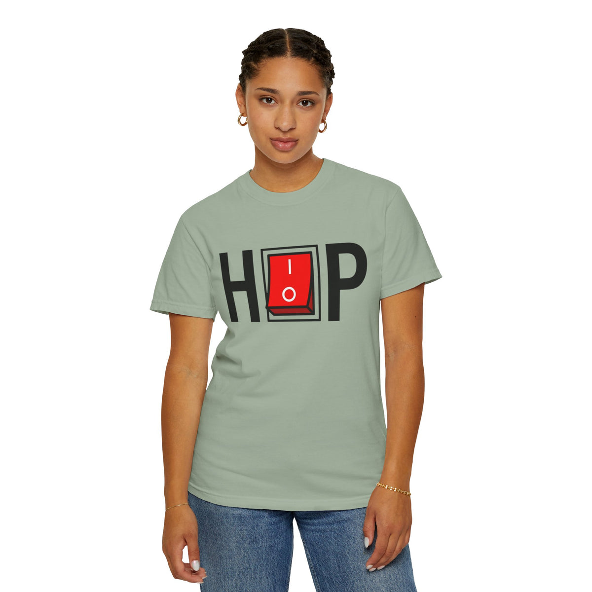 Model wearing a sage green Hip Hop Switch T-Shirt viewed from the front.