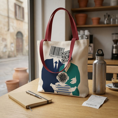 Canvas tote bag featuring a family portrait reimagined as a barcode

