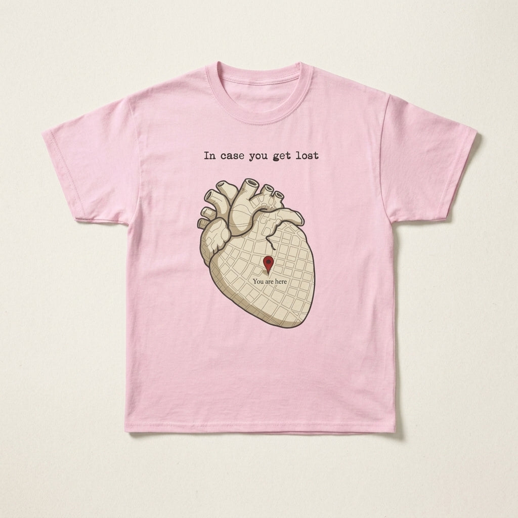 White graphic t-shirt featuring an anatomical heart with a map and the text In Case You Get Lost
