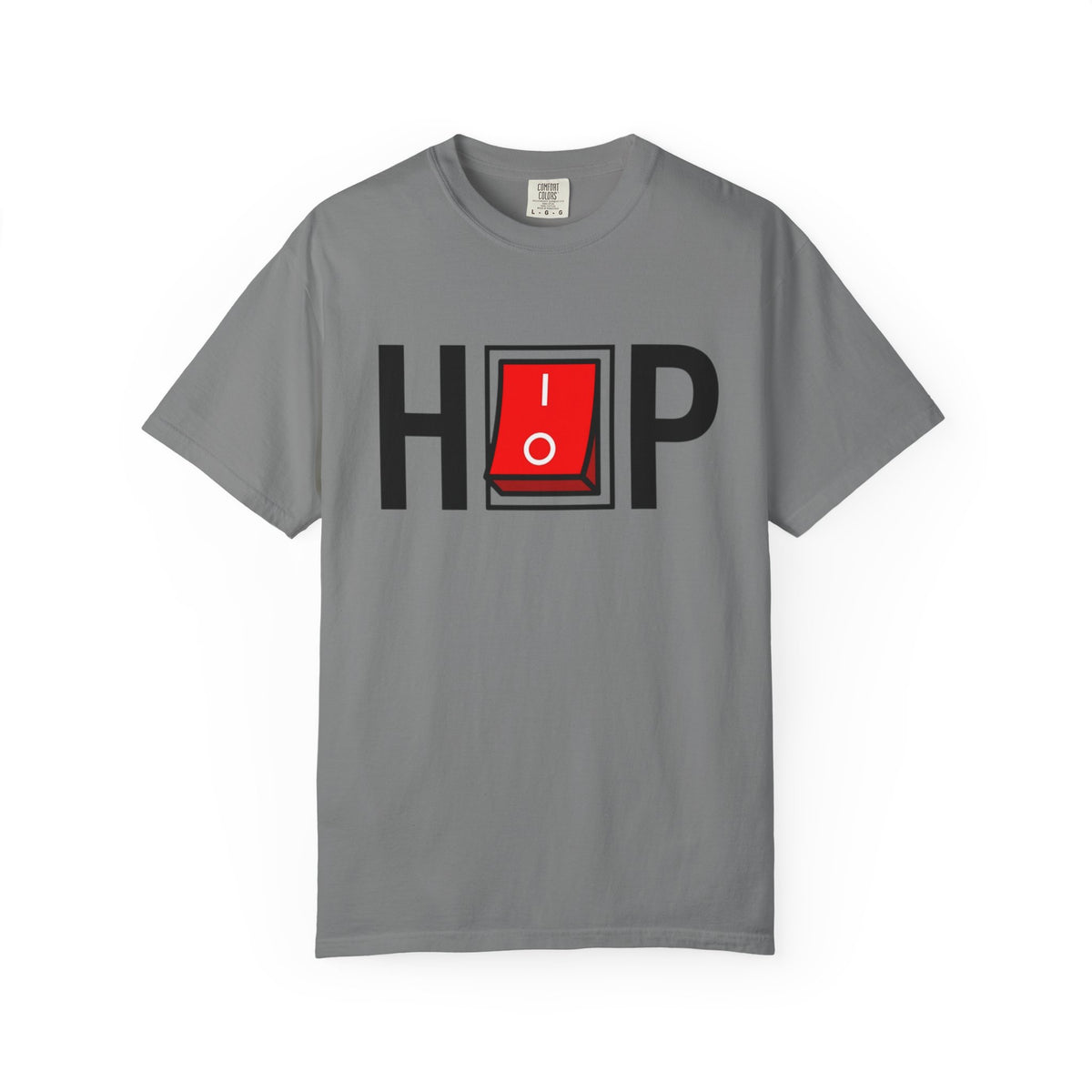 Hip Hop Switch T-Shirt in Grey with black lettering and a red power switch.