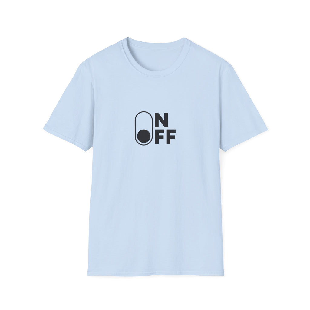 Light blue On/Off T-shirt with black minimalist toggle switch graphic, front view.